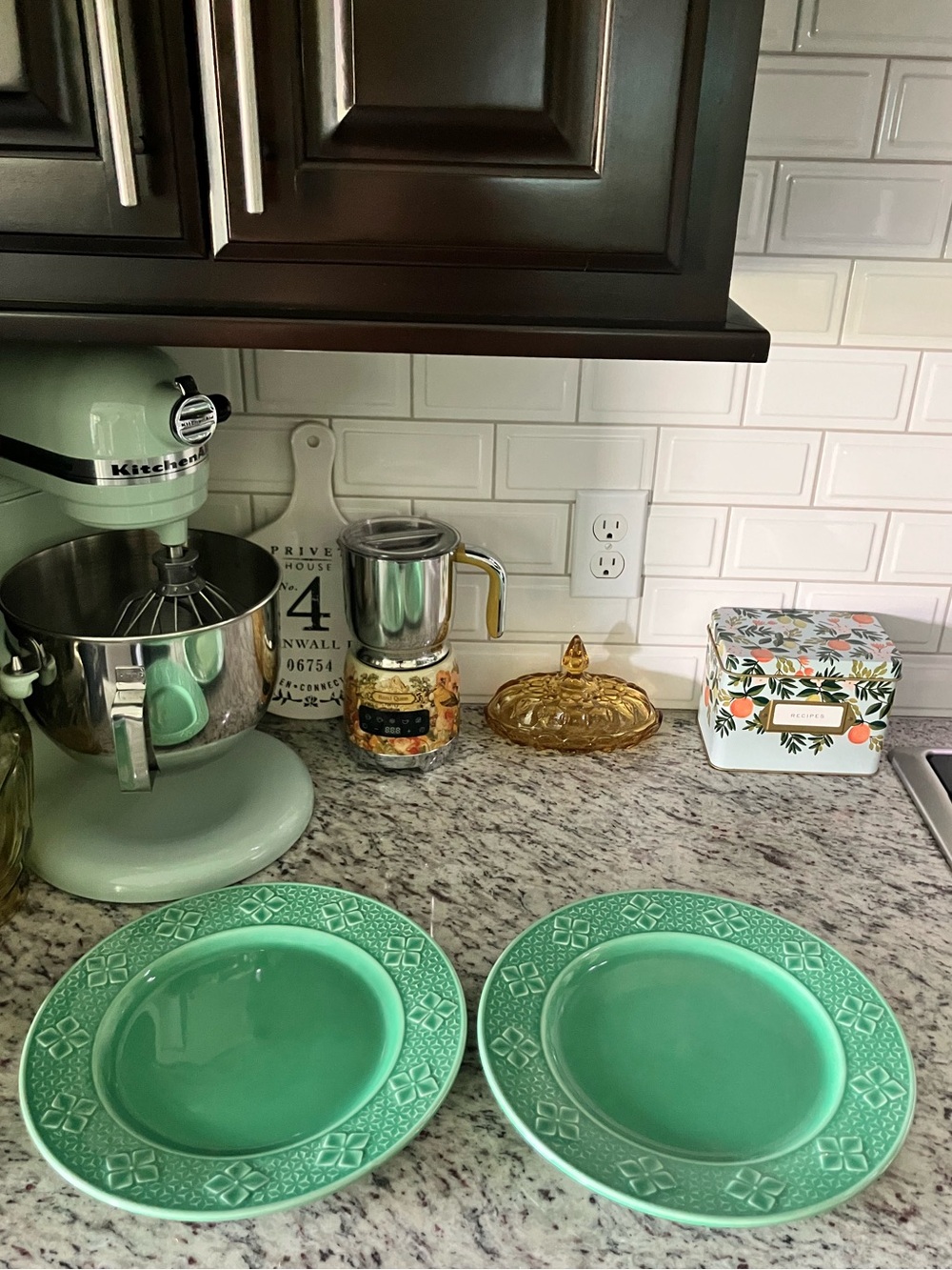Two Vintage Style Star Moon Green Dinner Plates
